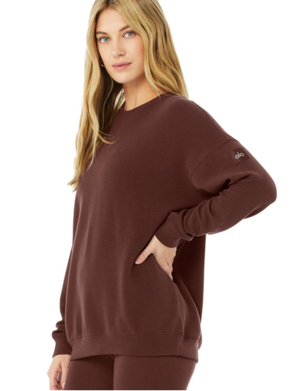 Alo Yoga Micro Waffle Relaxation Pullover Sz L/XL Cherry Cola EUC